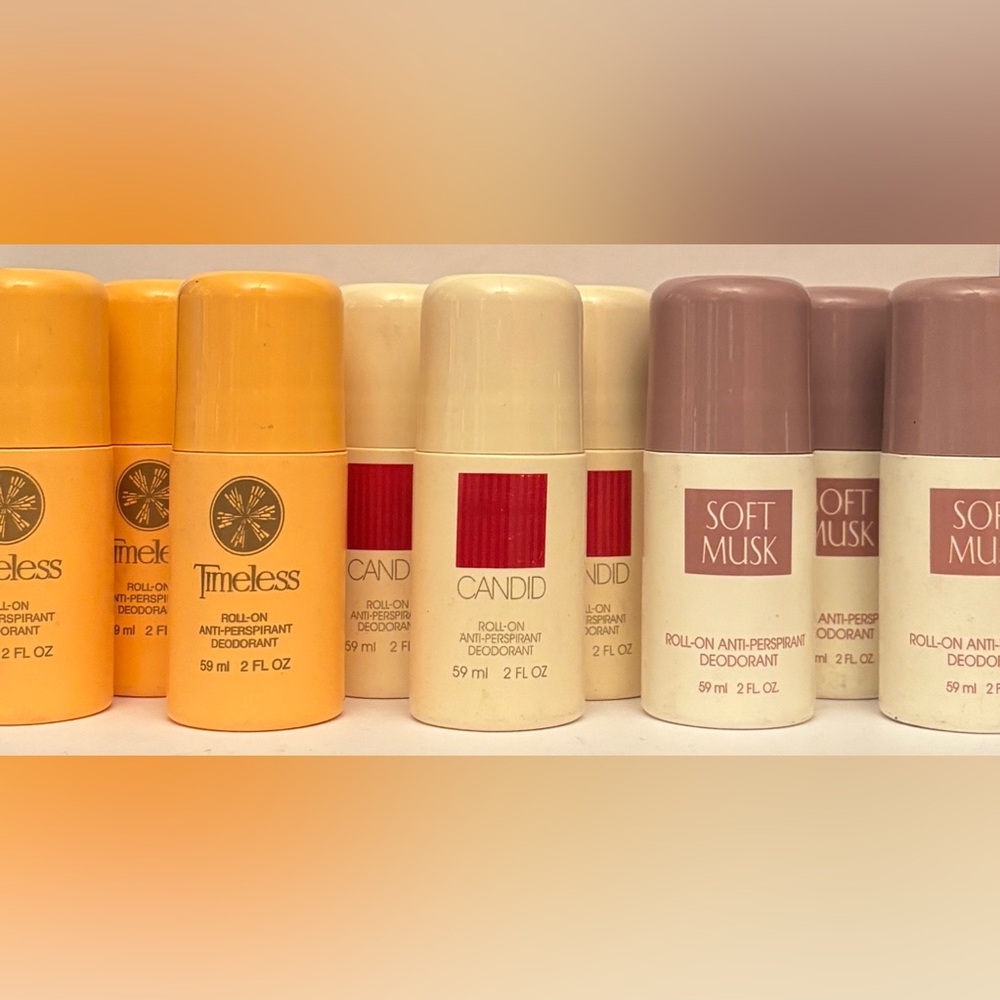 Avon twelve (12) roll-on deodorants: Soft Musk - Timeless - Candid